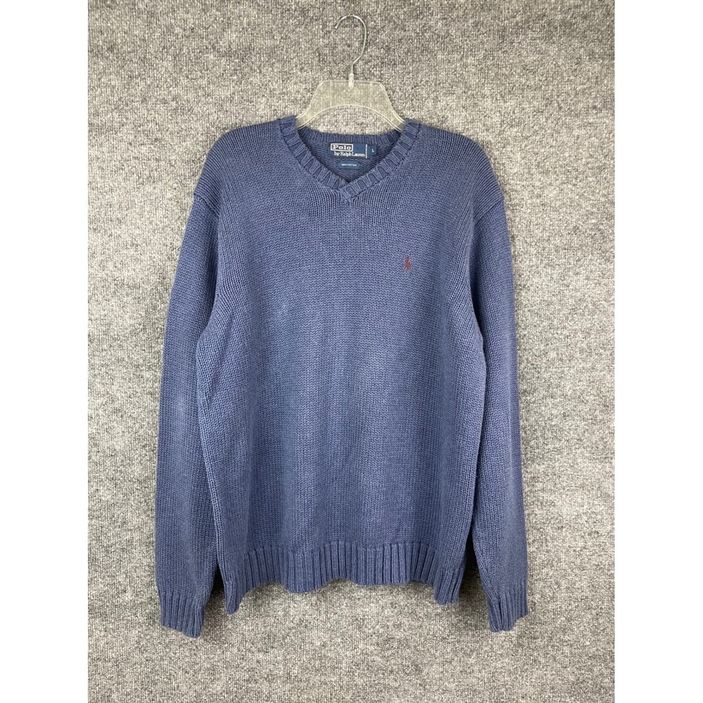 Polo Ralph Lauren Sweater Mens Large Blue Excellent V-Neck Cotton Knit Pony Logo